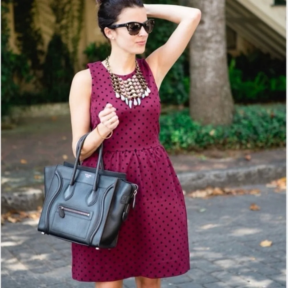 J CREW Fit Flare Sleeveless Dress Velvet Polka Dot Ponte Red Size M